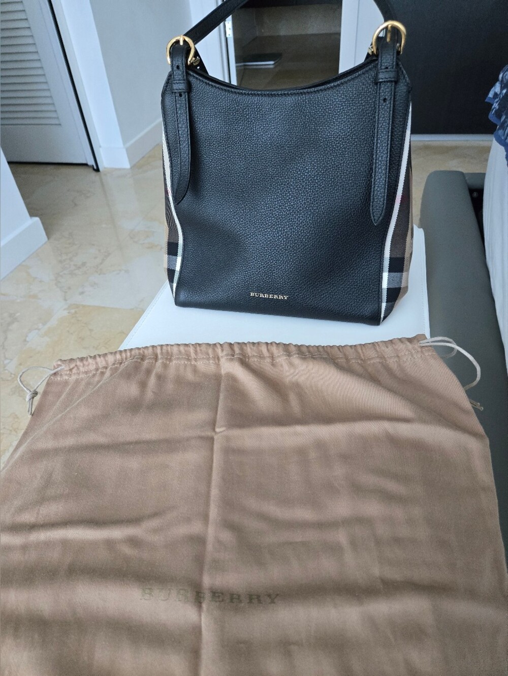Burberry Black Leather Hobo Bag with Signature Check Trim